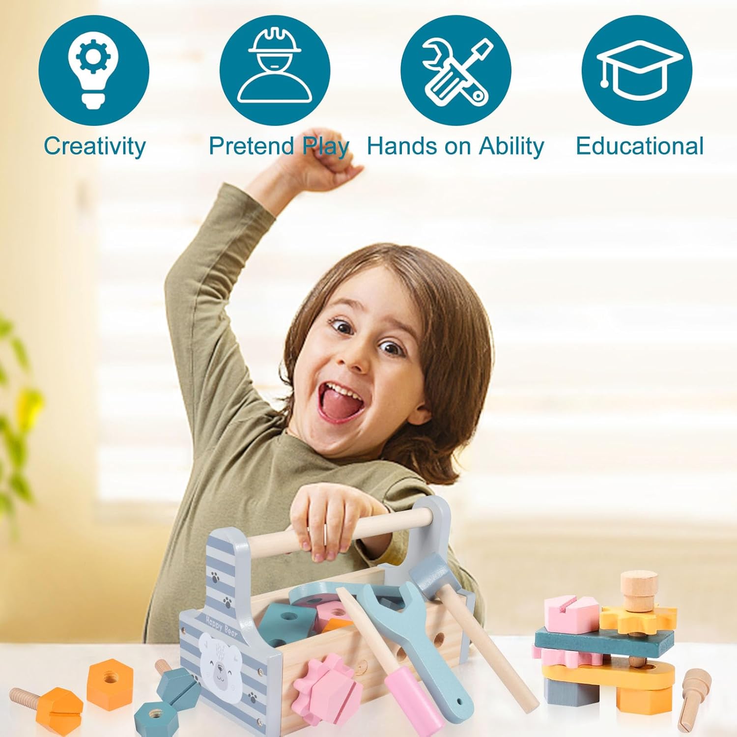 Trusa de scule din lemn, Pastel, 3 ani