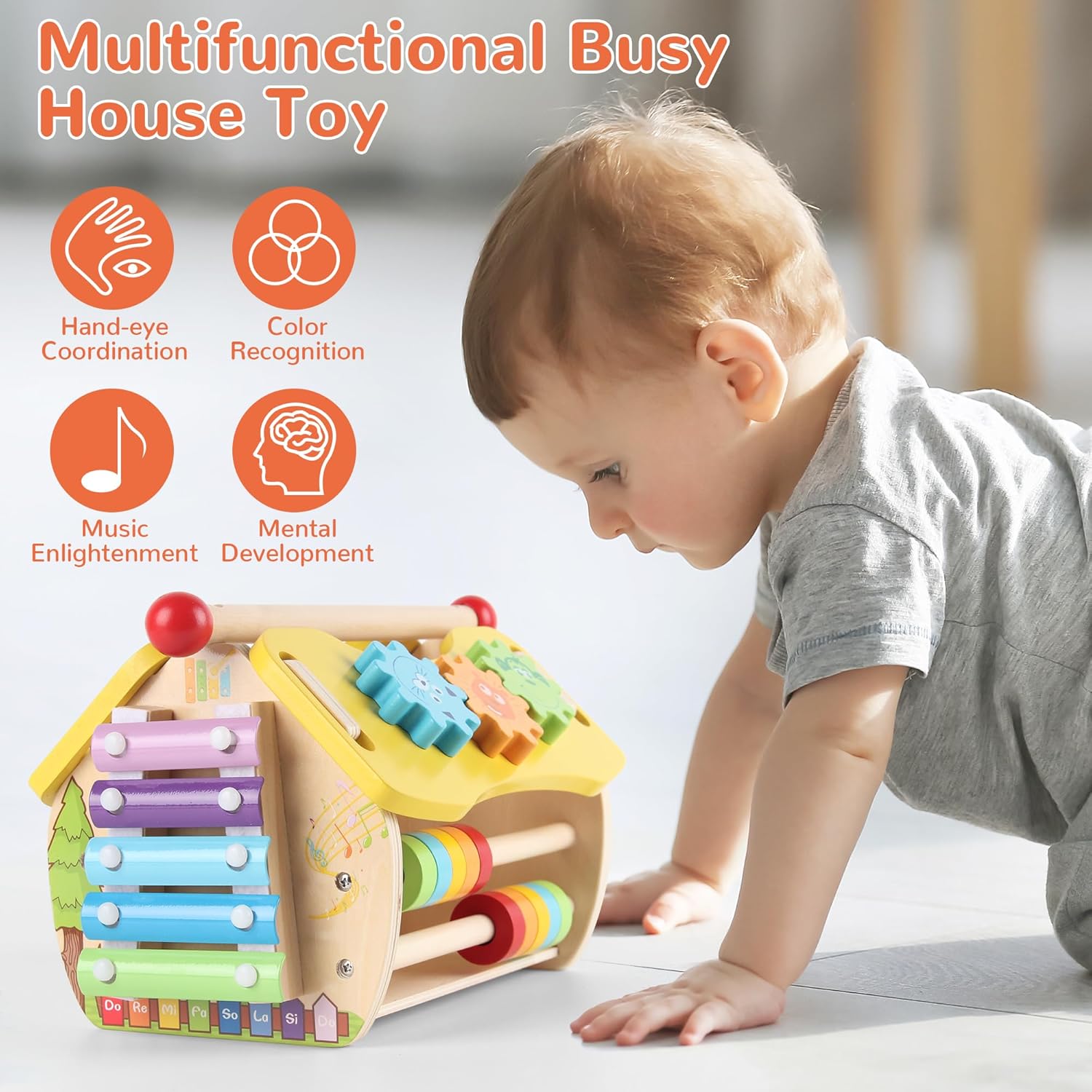 Căsuță multifuntionala din lemn cu forme geometrice și abac, 3 ani