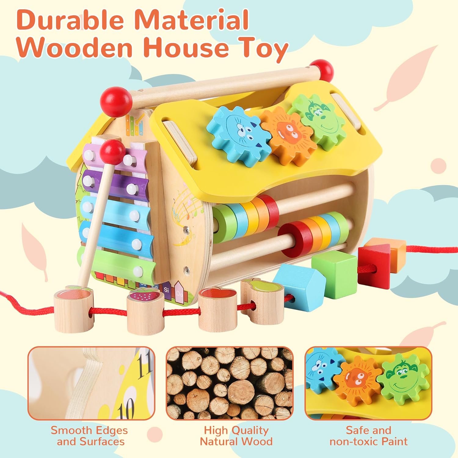 Căsuță multifuntionala din lemn cu forme geometrice și abac, 3 ani