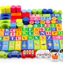 Set 100 de cuburi in galetusa cu sortator de forme geometrice, Alfabet