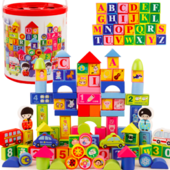 Set 100 de cuburi in galetusa cu sortator de forme geometrice, Alfabet