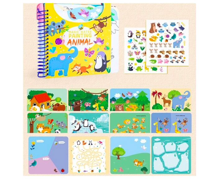 Carte de colorat cu apa, stikere si activitati, Animale, 3 ani