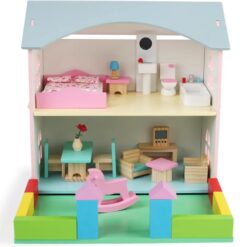 Casa de papusi din lemn, 33 cm, utilata si mobilata, 3 ANI