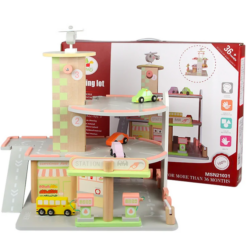 Parcare supraetajata cu 4 masinute si elicopter, din lemn, 3 ani 01