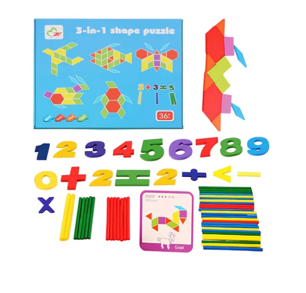 Puzzle educativ Tangram din lemn cu 196 piese, 3 ani 05