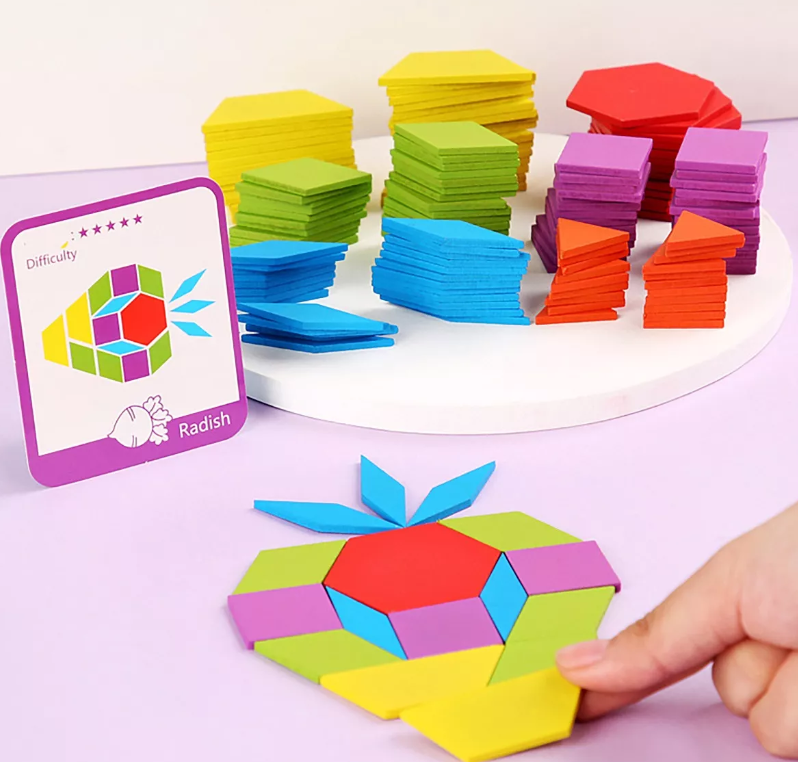 Puzzle educativ Tangram din lemn cu 196 piese, 3 ani 05