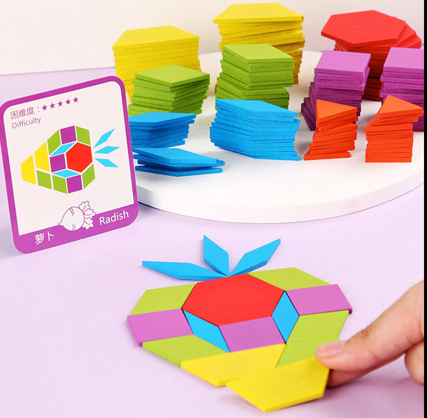 Puzzle educativ Tangram din lemn cu 196 piese, 3 ani 05