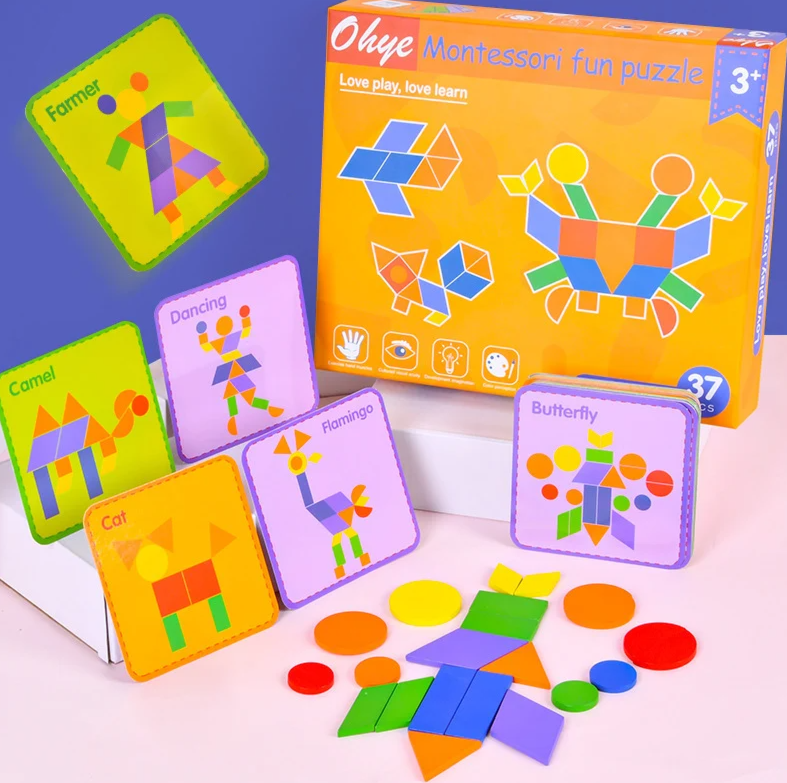 Puzzle educativ Tangram din lemn cu 67 piese, 3 ani