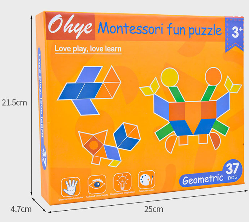 Puzzle educativ Tangram din lemn cu 67 piese, 3 ani