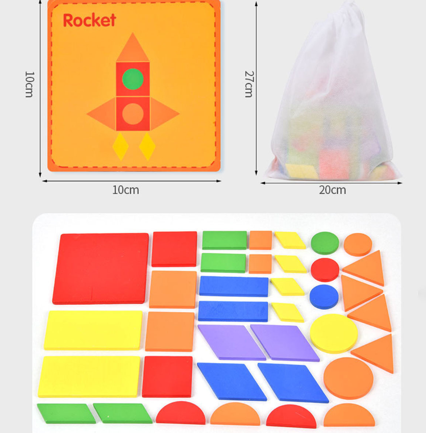 Puzzle educativ Tangram din lemn cu 67 piese, 3 ani