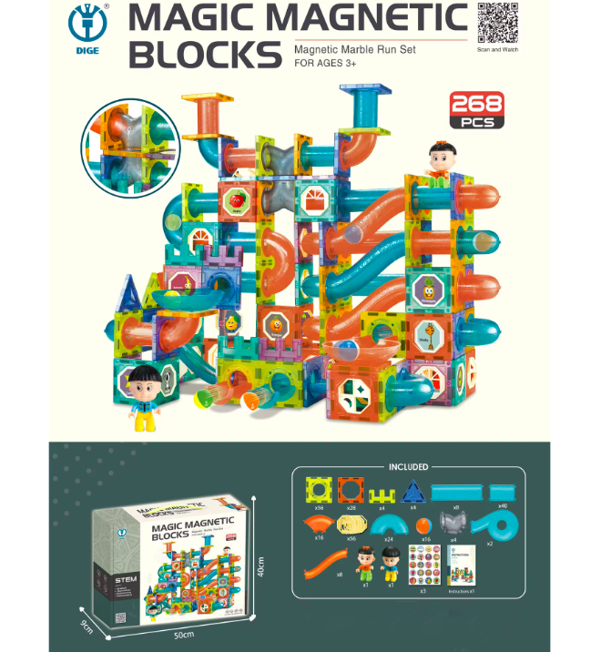 Set de constructie magnetic 3D cu 268 de piese, STEM, Marble Run, Onshine, 3 ani 01