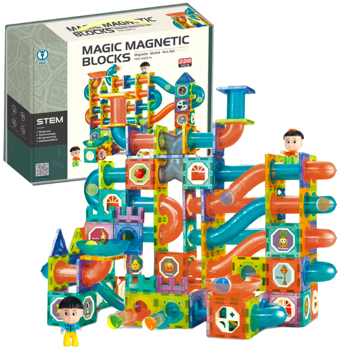 Set de constructie magnetic 3D cu 268 de piese, STEM, Marble Run, Onshine, 3 ani 01