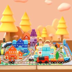 Set de cuburi de constructie si cutie depozitare din lemn, Orasel 01