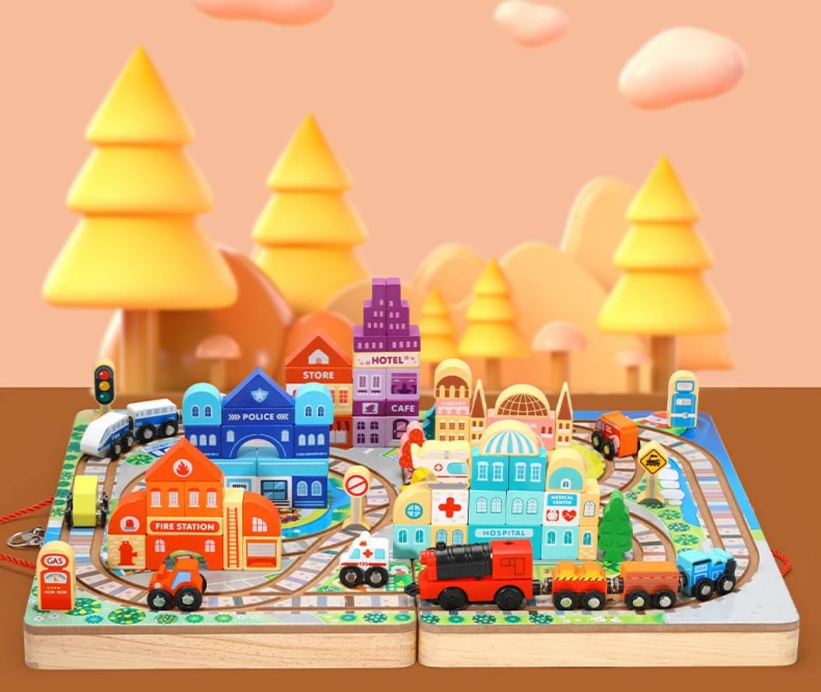 Set de cuburi de constructie si cutie depozitare din lemn, Orasel 01