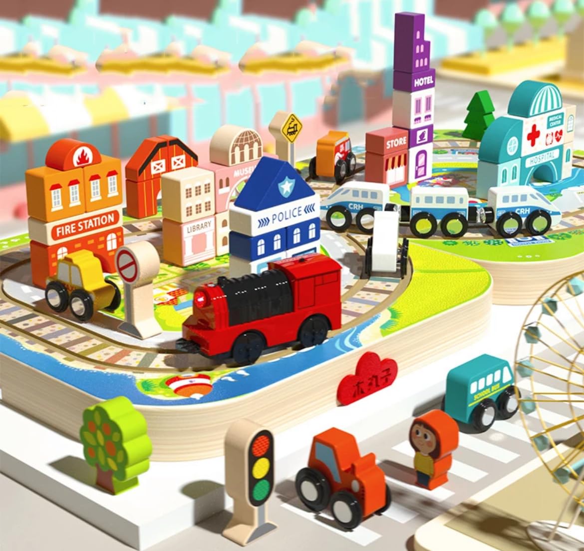 Set de cuburi de constructie si cutie depozitare din lemn, Orasel 01