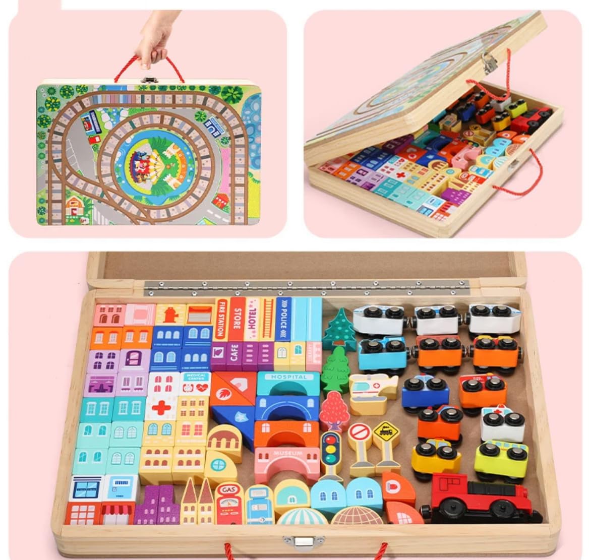 Set de cuburi de constructie si cutie depozitare din lemn, Orasel 01