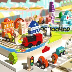 Set de cuburi de constructie si cutie depozitare din lemn, Orasel 01