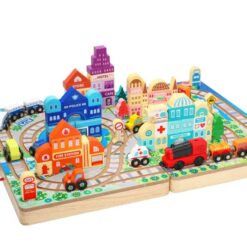 Set de cuburi de constructie si cutie depozitare din lemn, Orasel 01