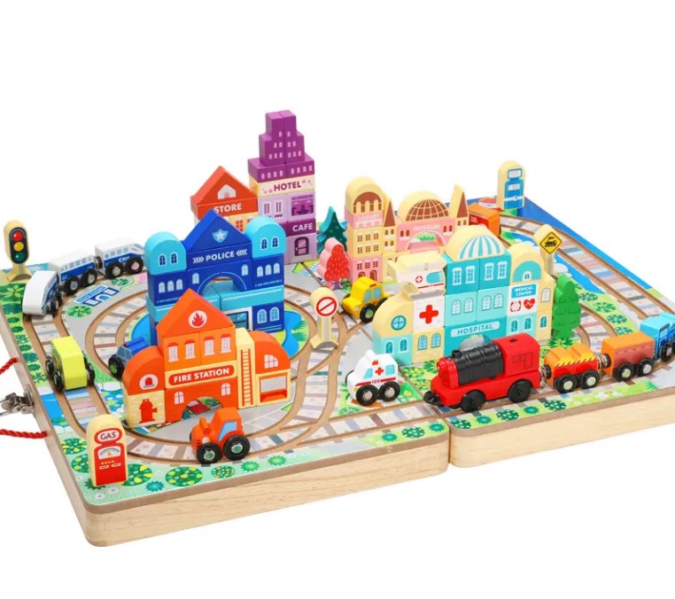 Set de cuburi de constructie si cutie depozitare din lemn, Orasel 01