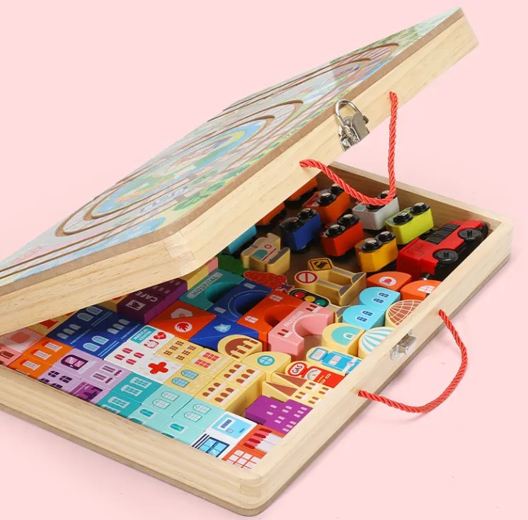 Set de cuburi de constructie si cutie depozitare din lemn, Orasel 01