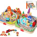 Set de 100 cuburi de constructie si cutie depozitare din lemn, Orasel