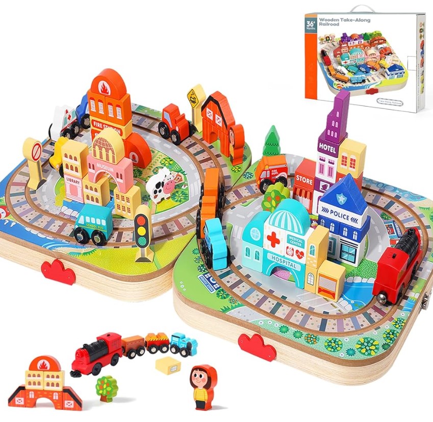 Set de cuburi de constructie si cutie depozitare din lemn, Orasel 01