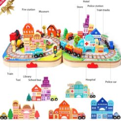 Set de cuburi de constructie si cutie depozitare din lemn, Orasel 01