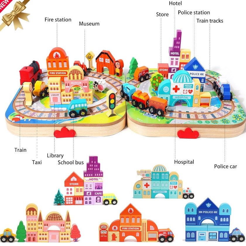 Set de cuburi de constructie si cutie depozitare din lemn, Orasel 01