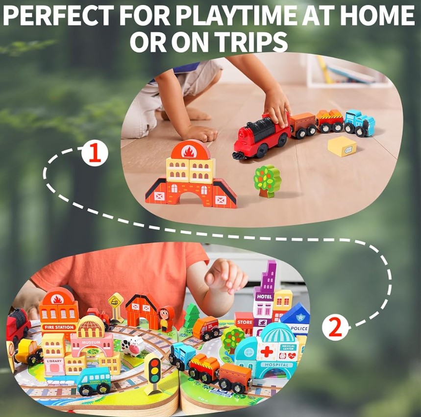 Set de cuburi de constructie si cutie depozitare din lemn, Orasel 01