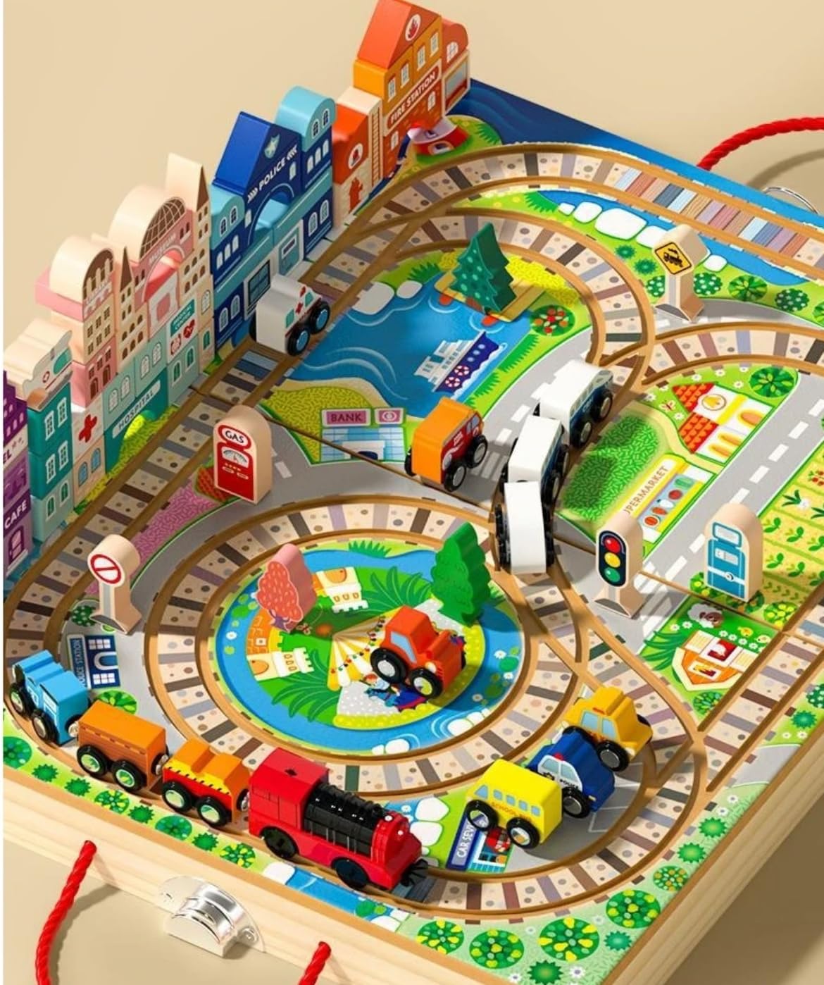 Set de cuburi de constructie si cutie depozitare din lemn, Orasel 01