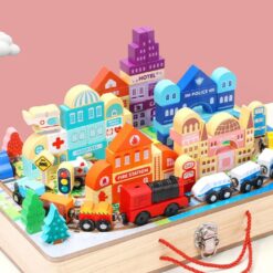 Set de cuburi de constructie si cutie depozitare din lemn, Orasel 01