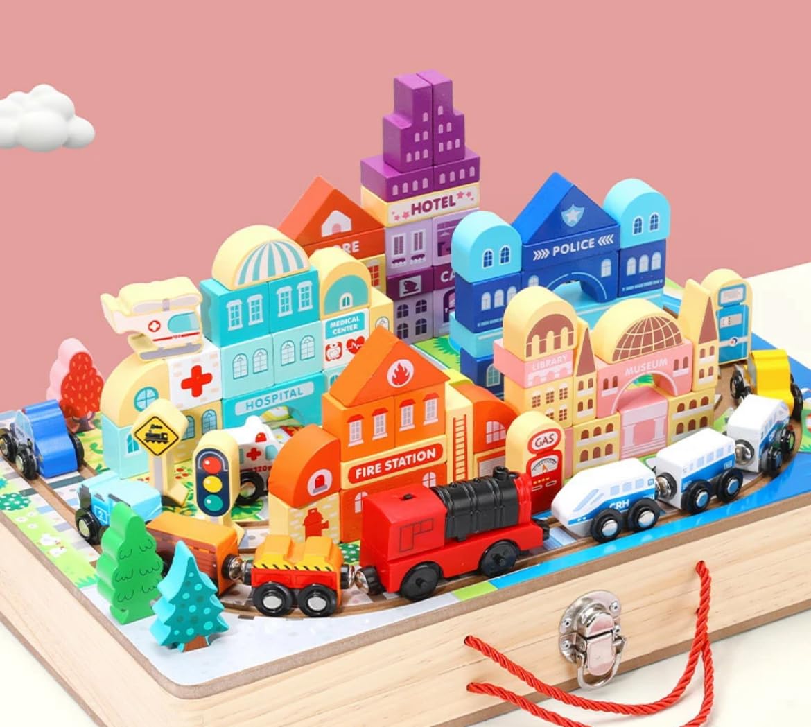 Set de cuburi de constructie si cutie depozitare din lemn, Orasel 01