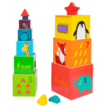 Turn de stivuire din lemn – Cutii colorate cu animale și numere, 3 ani