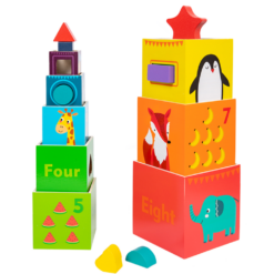 Turn de stivuire din lemn – Cutii colorate cu animale și numere, 3 ani 01