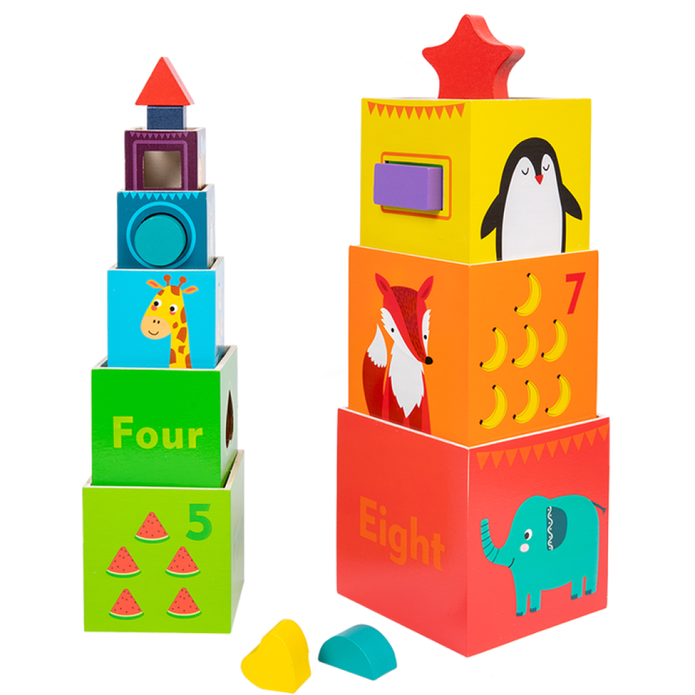 Turn de stivuire din lemn – Cutii colorate cu animale și numere, 3 ani 01