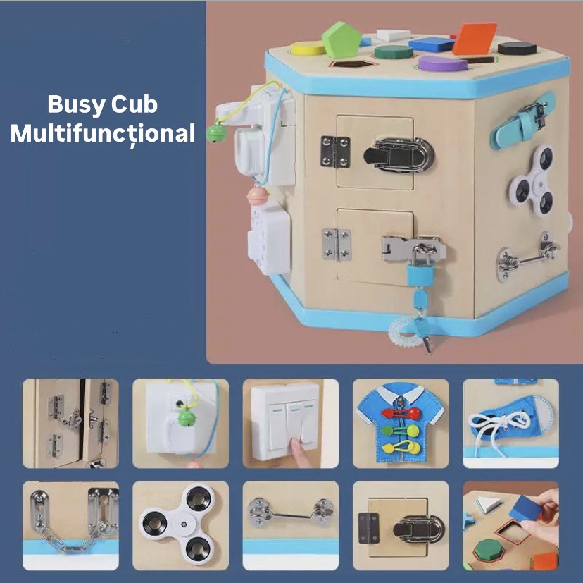 Centru educativ cu 14 activitati montessori, hexagonal, tip Busy Board, 3 ani 03
