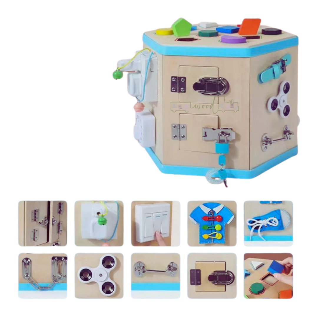 Centru educativ cu 14 activitati montessori, hexagonal, tip Busy Board, 3 ani 03