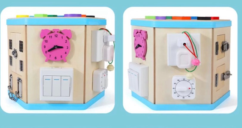 Centru educativ cu 14 activitati montessori, hexagonal, tip Busy Board, 3 ani 03