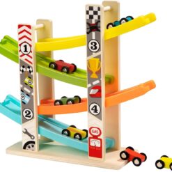 Circuit din lemn cu 4 piste si 6 masinute, 3 ani, 27 CM