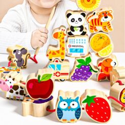 Joc de snuruit, tip Montessori, margele din lemn, 42 piese, 3 ani, Animale
