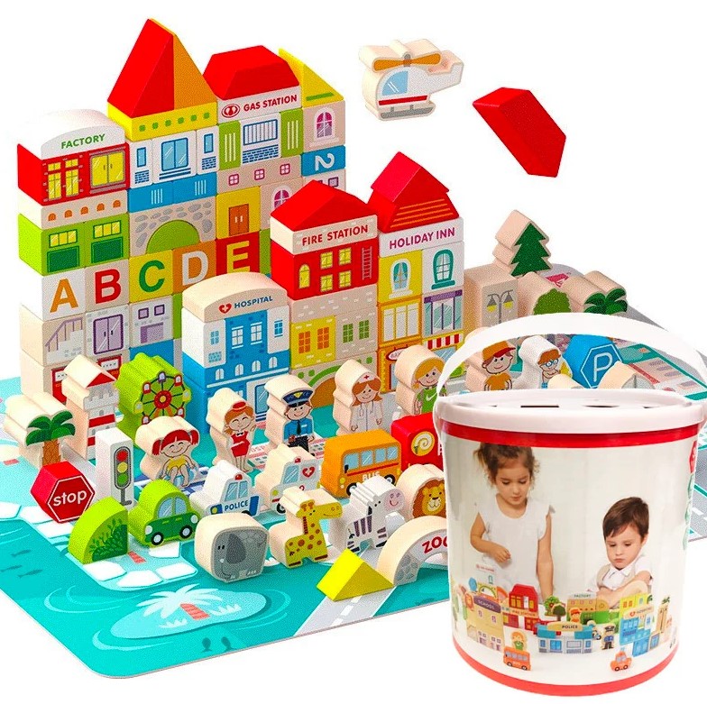 Set 120 de cuburi in galetusa cu sortator de forme geometrice, Alfabet si Orasel 01