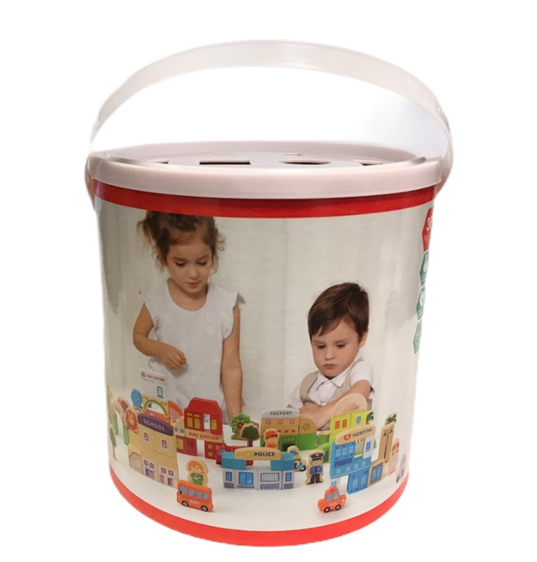 Set 120 de cuburi in galetusa cu sortator de forme geometrice, Alfabet si Orasel 01