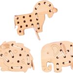 Set de 3 jucării educative din lemn pentru șnuruit, 3 ani