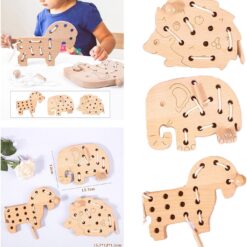 Set de 3 jucării educative din lemn pentru șnuruit, 3 ani