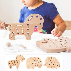 Set de 3 jucării educative din lemn pentru șnuruit, 3 ani