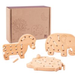 Set de 3 jucării educative din lemn pentru șnuruit, 3 ani