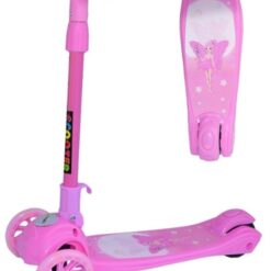 Trotineta reglabila cu 3 roti din silicon cu lumini, Roz 3 ani