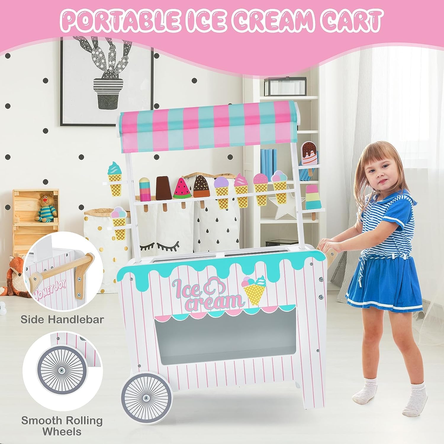 Carucior din lemn, Stand de inghetata, 86 cm, 3 ani