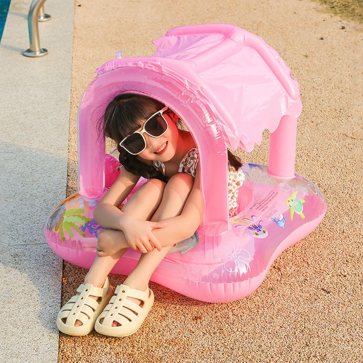 Colac gonflabil cu parasolar detasabil, Barcuta - Roz