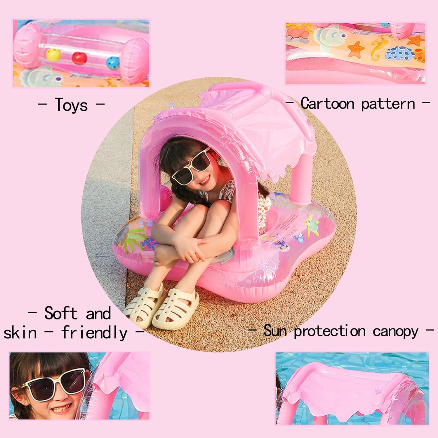 Colac gonflabil cu parasolar detasabil, Barcuta - Roz